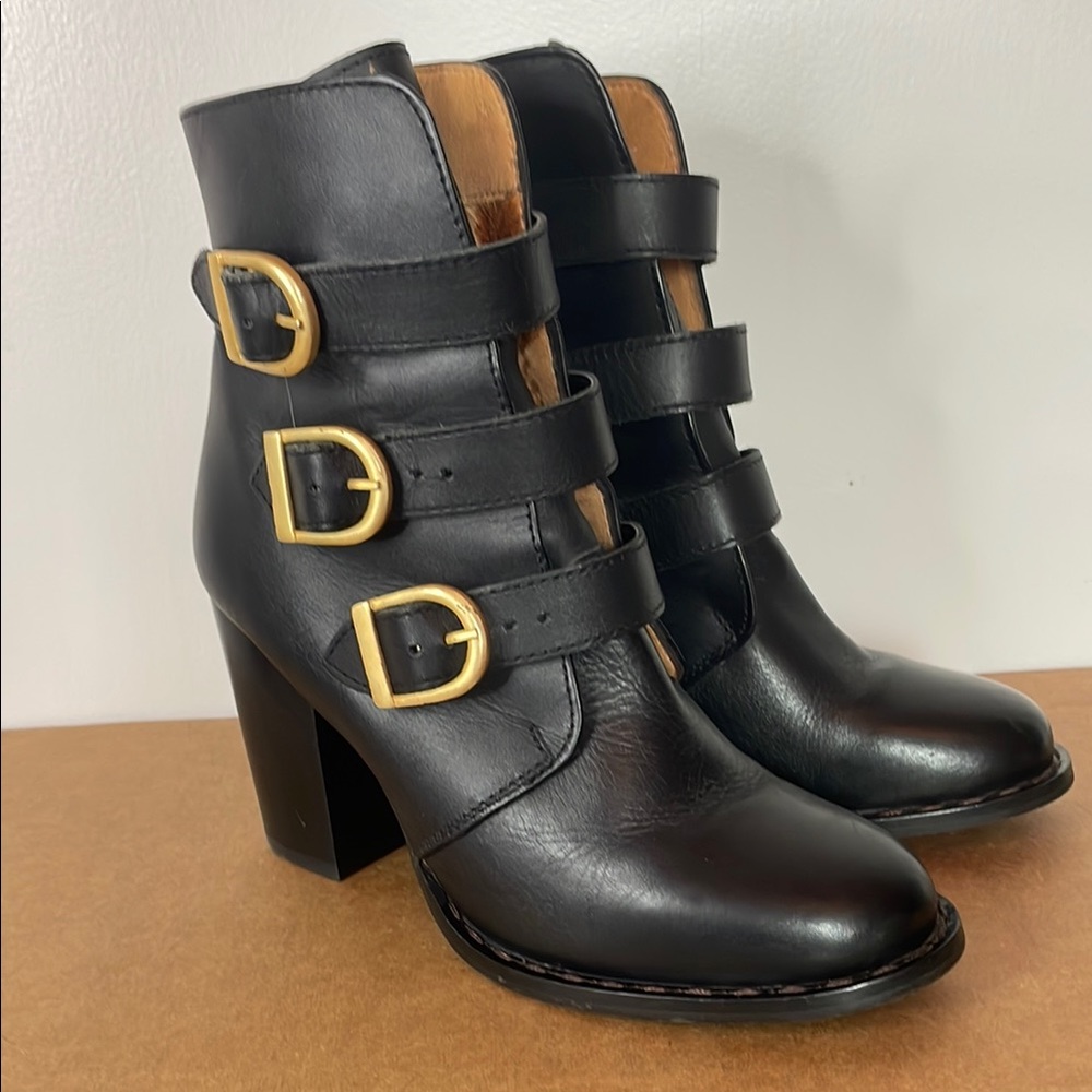 Topshop Black Leather Ankle Boots with Gold Buckles